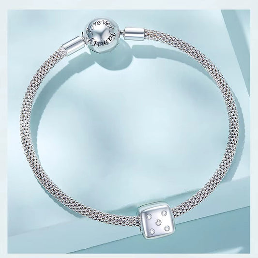925 Sterling Silver lucky dice charm. Pandora compatible – bring luck, fun, and unique style to your bracelet or gift a special someone. showed on a pandora bracelet