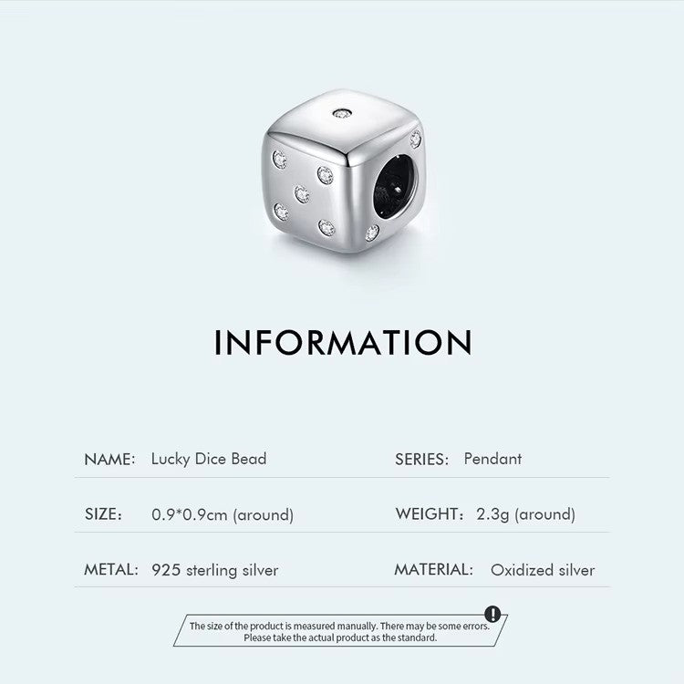 925 Sterling Silver lucky dice charm. Pandora compatible – bring luck, fun, and unique style to your bracelet or gift a special someone. product information