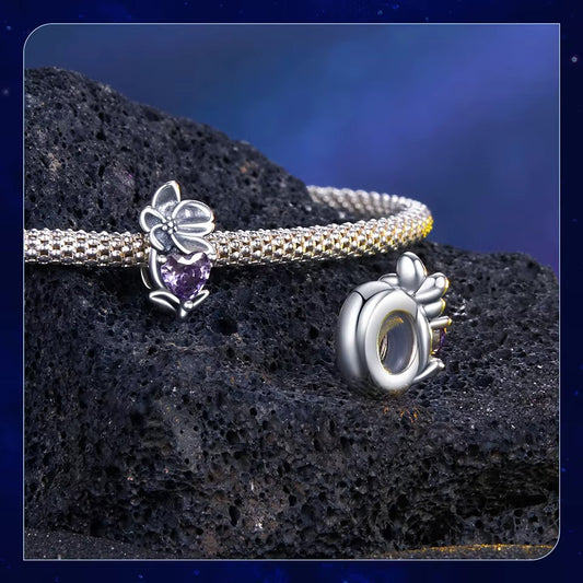 Sterling silver February birthstone violet charm bead, compatible with Pandora bracelets