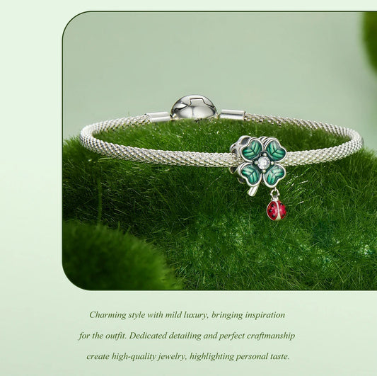 Sterling 925 Silver Four-Leaf Clover with Dangled Ladybug Charm – Pandora Compatible