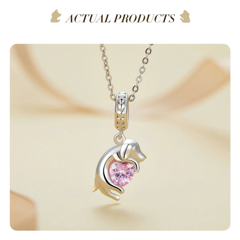 Sterling 925 silver Golden retriever dog with pink Zircon Heart Charm