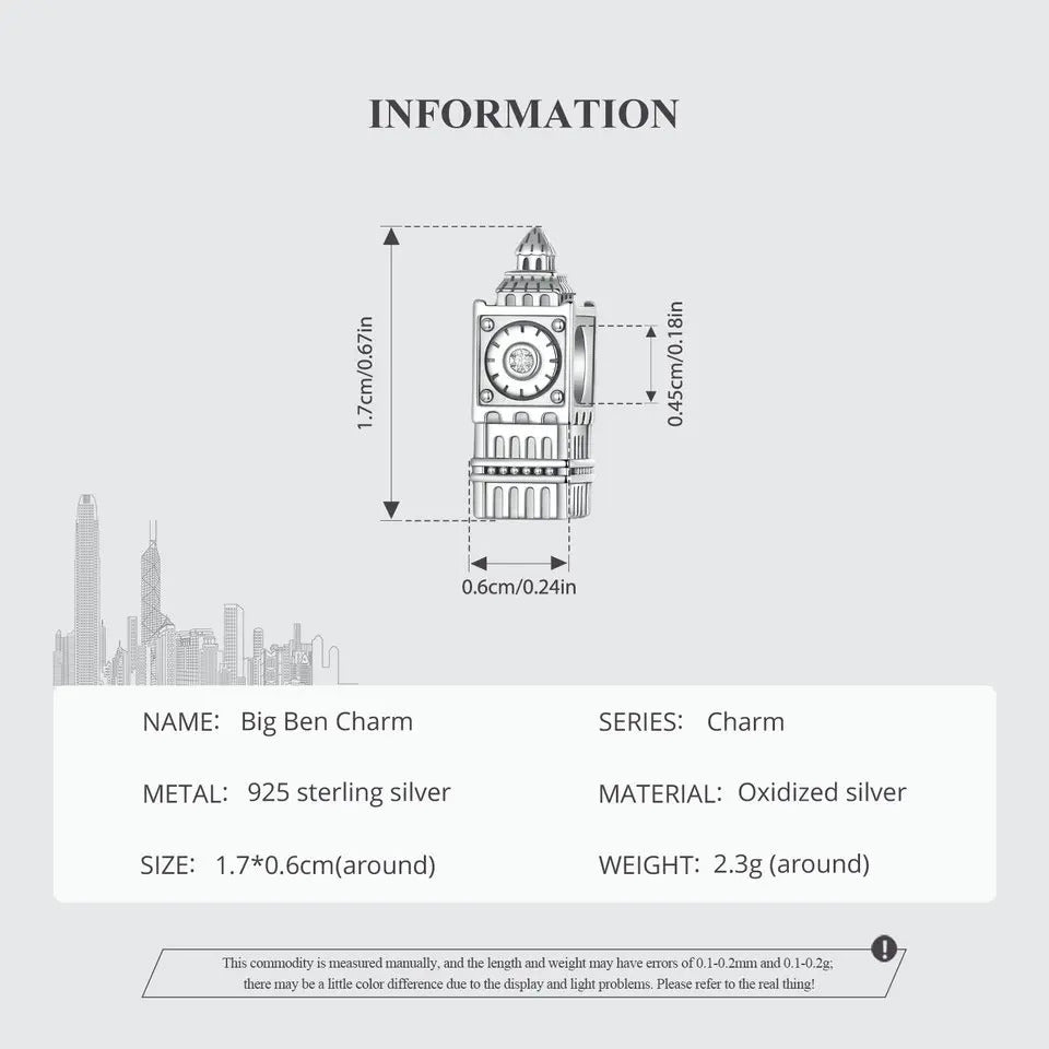 Sterling 925 Silber Big Ben Uhr Charm