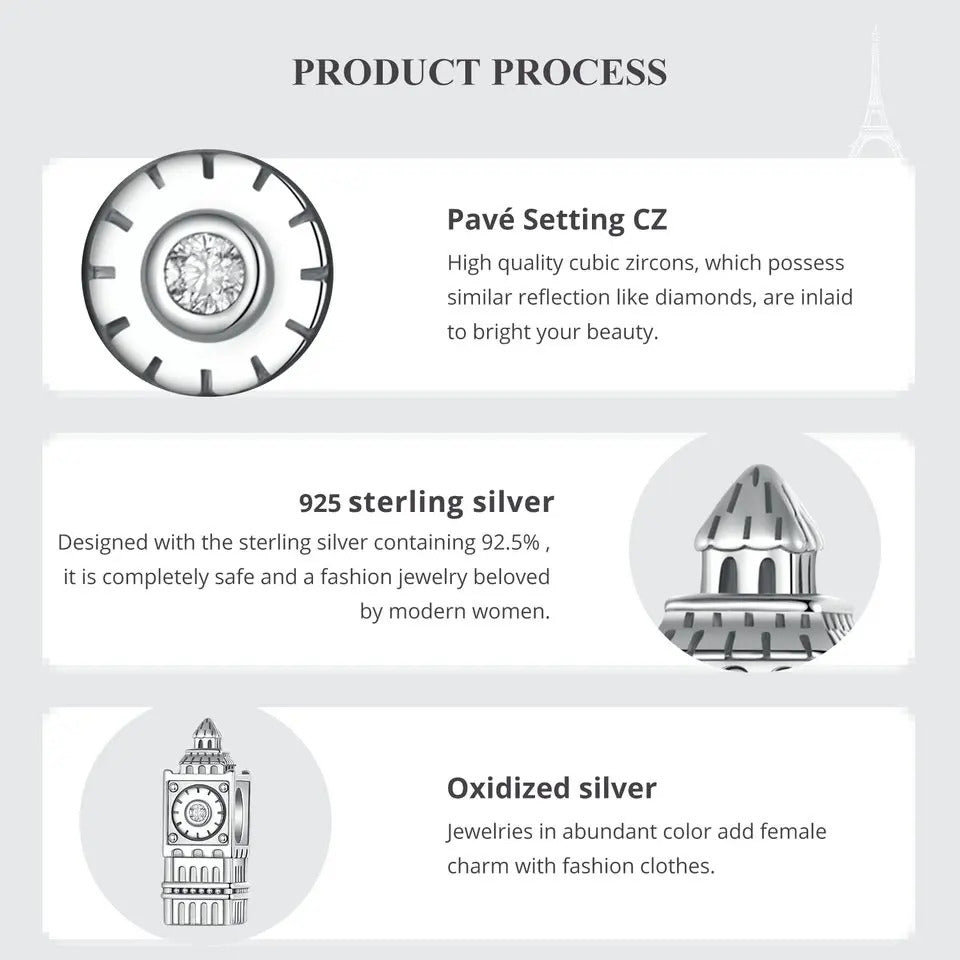 Sterling 925 Silber Big Ben Uhr Charm