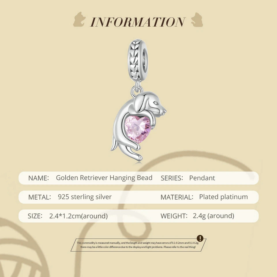 Sterling 925 silver Golden retriever dog with pink Zircon Heart Charm