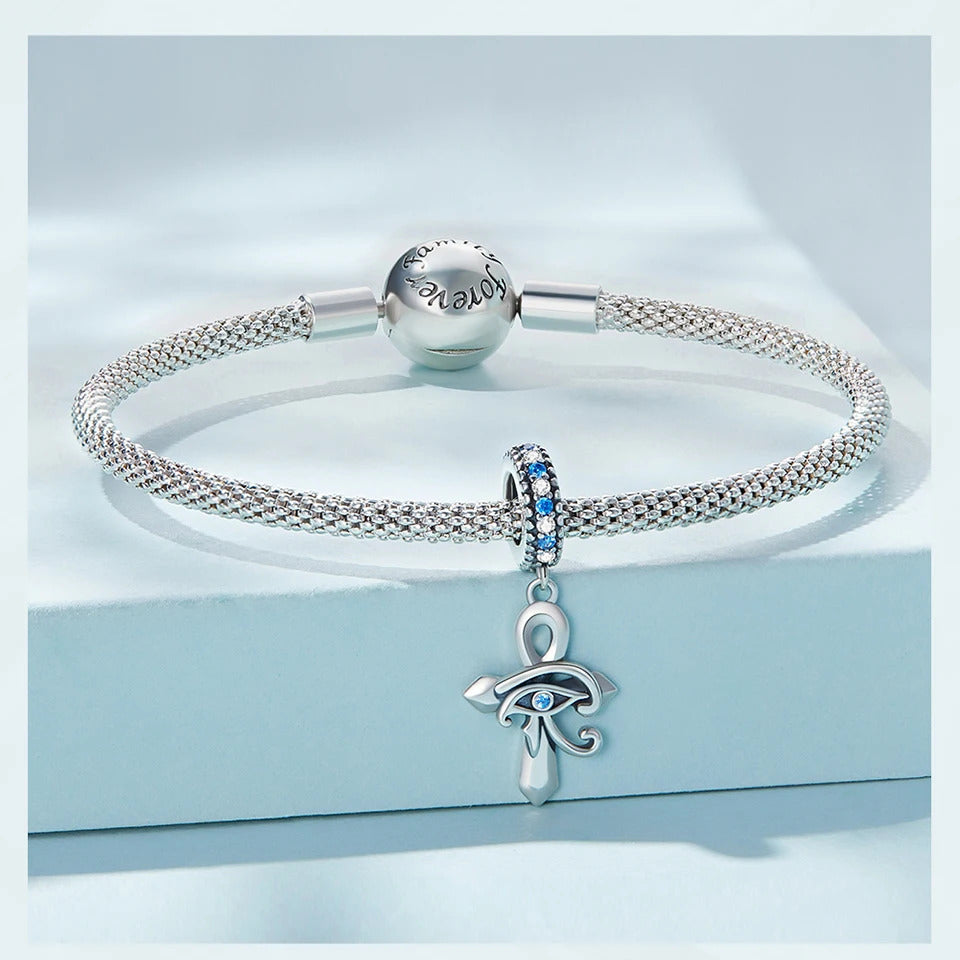 Charm-Anhänger aus 925er Sterlingsilber mit ägyptischem Horusauge im Schlüssel des Lebens – kompatibel mit Pandora