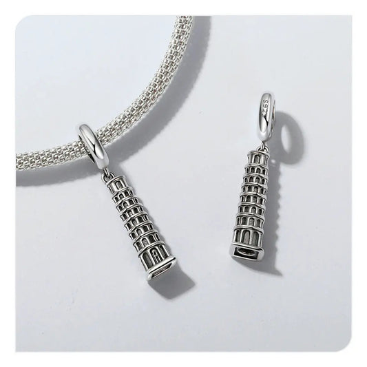 Sterling 925 silver Leaning Tower of Pisa charm bead, compatible with Pandora bracelet, displayed on a bracelet real life view