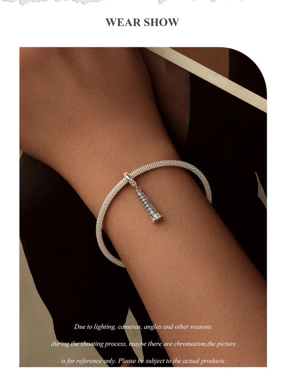 sterling Silver 925 bracelet on a wrist with the leaning pisa tower charm that fit pandora bracelet