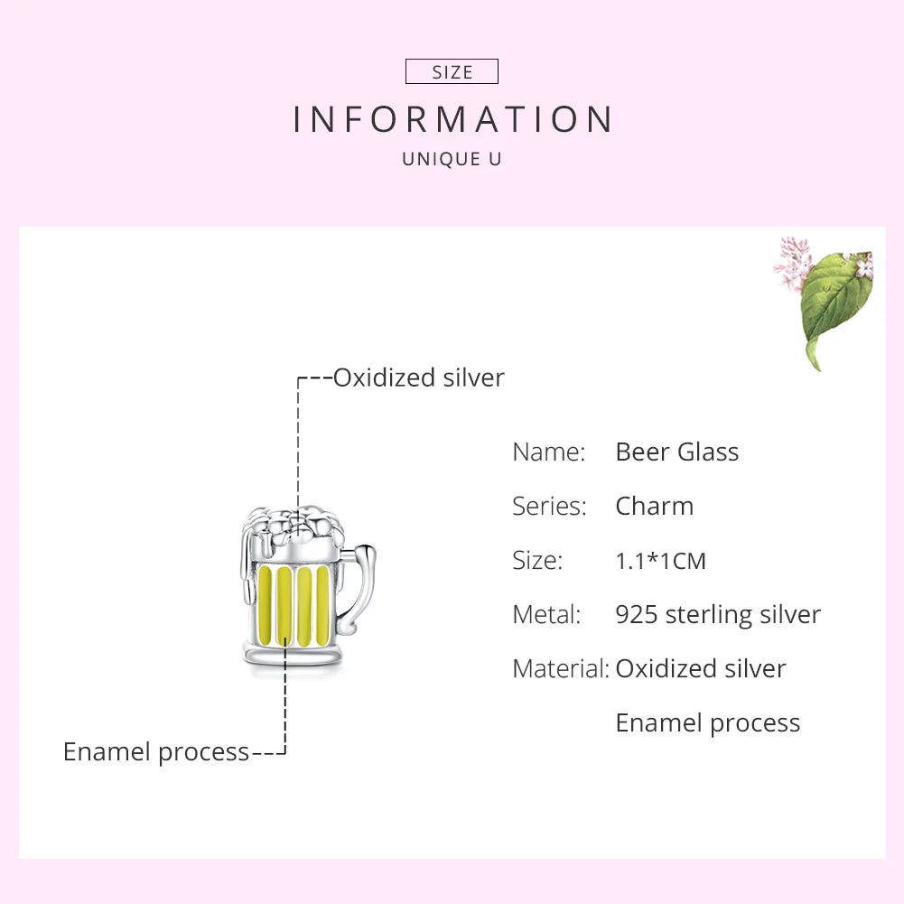 Product information card for a beer glass charm with details on material and size.