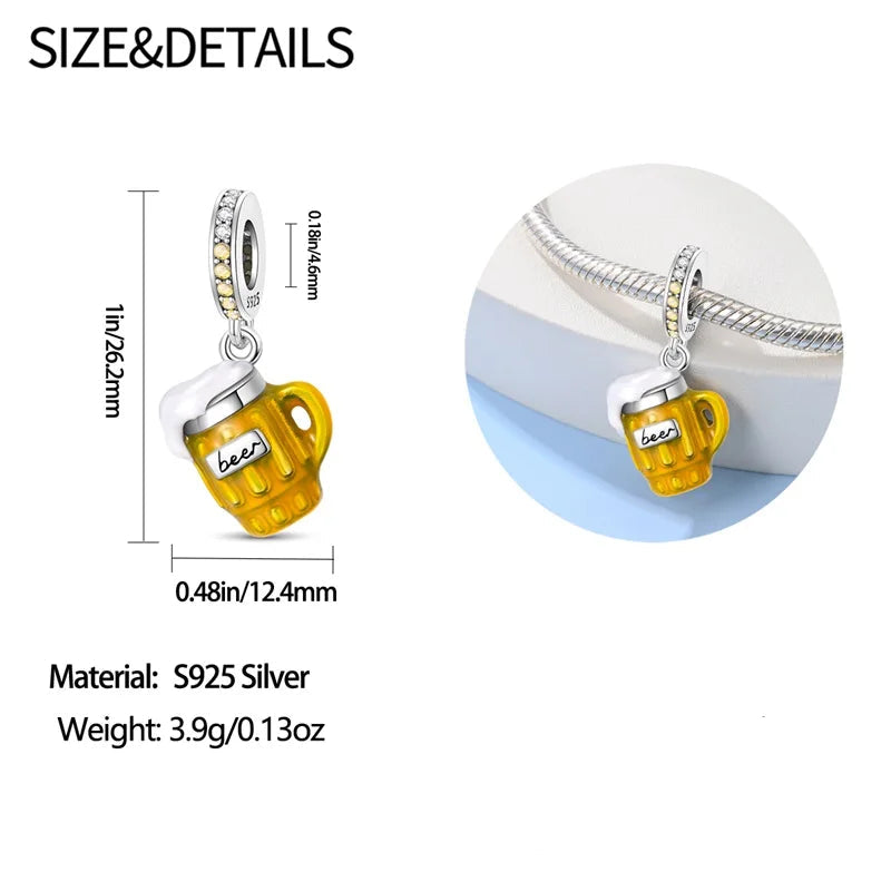 Beer mug charm with measurements and material details on a white background