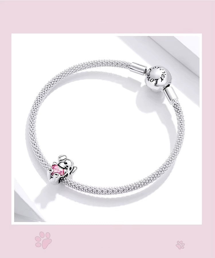 Charm-Anhänger „Süßer Welpe“ aus 925er Sterlingsilber mit rosa Herz – kompatibel mit Pandora