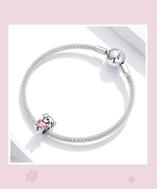 Sterling 925 Silver Cute Puppy Charm with Pink Heart – Pandora Compatible
