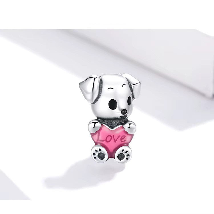Charm-Anhänger „Süßer Welpe“ aus 925er Sterlingsilber mit rosa Herz – kompatibel mit Pandora