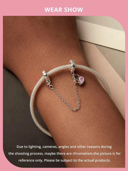 sterling 925 silver heart safety chain with pink and clear zircon stones