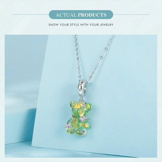 Silber Teddy Bär Anhänger mit grünen Kristallen für Pandora Armband