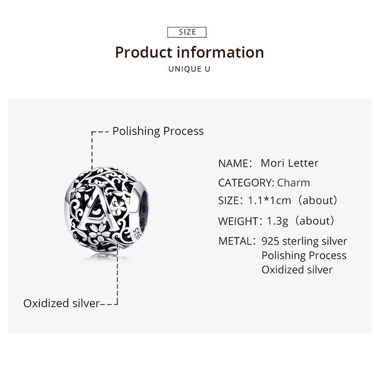Sterling 925 Silver vintage style A-Z initials charm