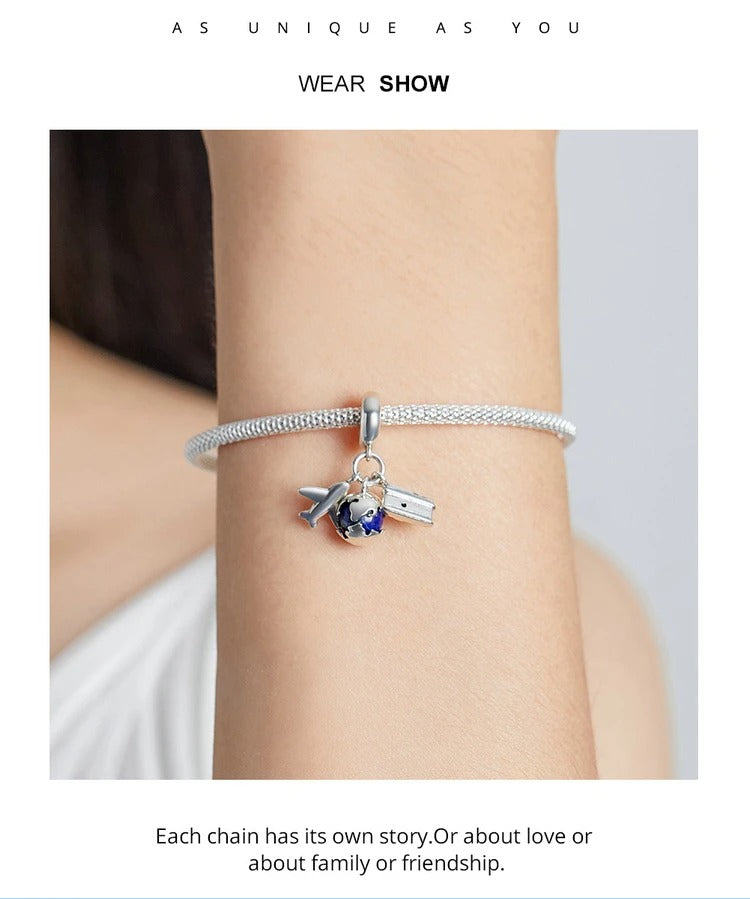 Sterling 925 Silver Travel the Globe Charm- Compatible with Pandora