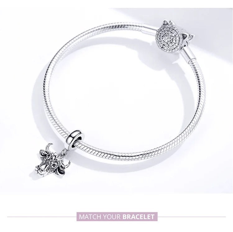 Sterling 925 Silver Bull Face charm- Compatible with Pandora