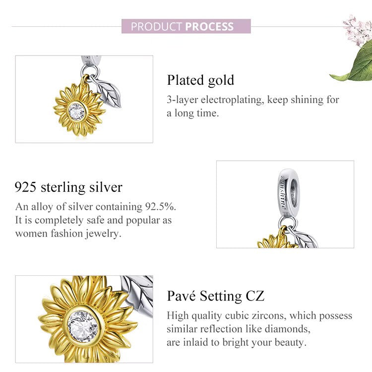 Sterling Silber Natur Sonnenblume Charm Symbol für Glück