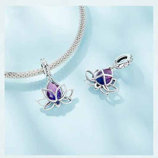Silber Lotusblume Anhänger mit lila Steinen für Pandora Armband