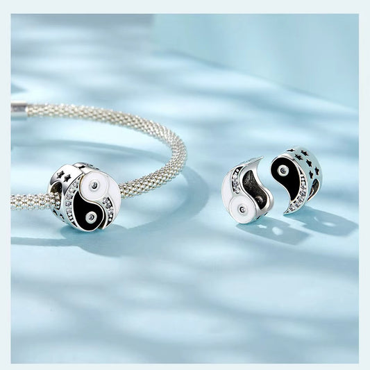 Sterling 925 Silver Black and white Taiji-Bagua Double Charm- Compatible with Pandora