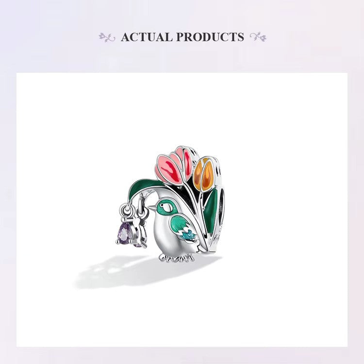 Charm-Anhänger „Vogel mit Tulpenblüten“ aus Sterlingsilber 925 – kompatibel mit Pandora