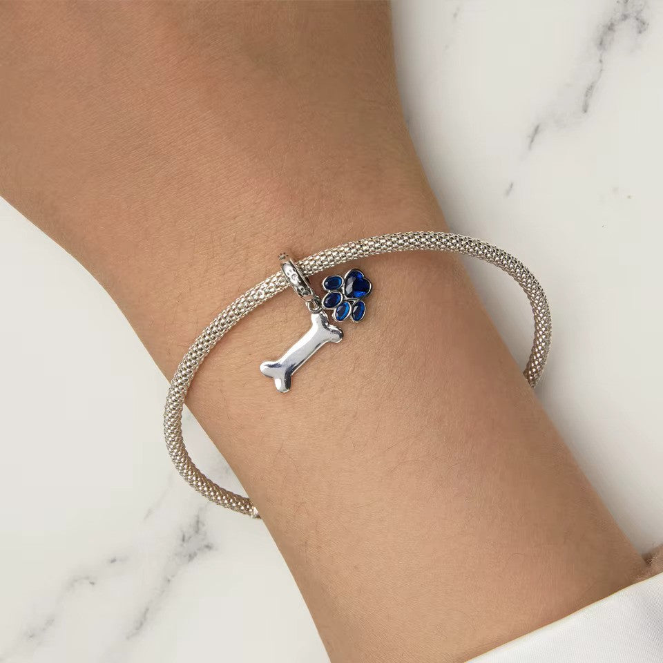 Sterling 925 silver Paw and Bone Blue Charm