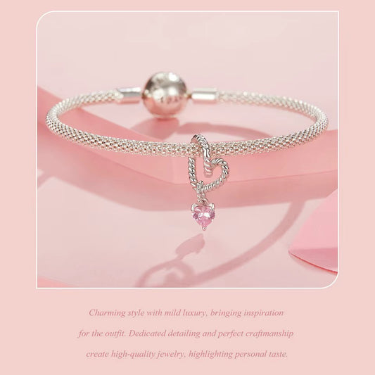 Sterling 925 Silver Pink Dangled Heart Stone Charm – Pandora Compatible