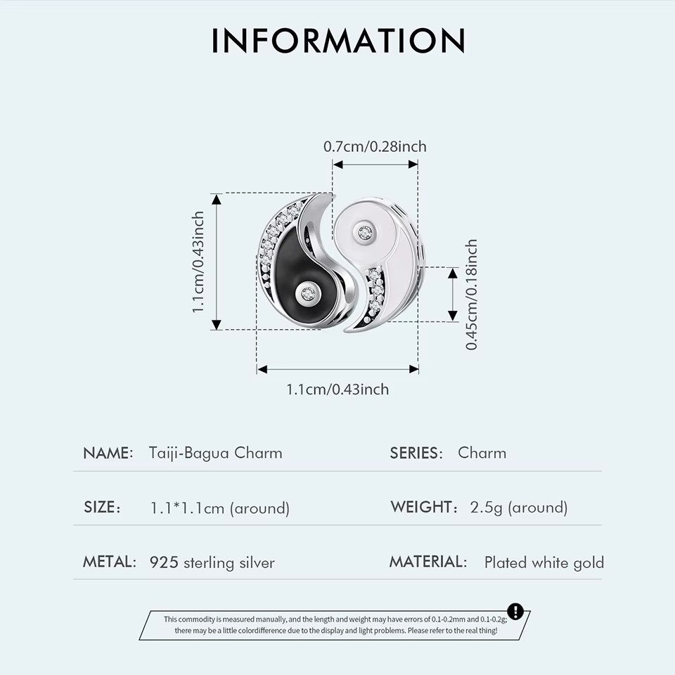 Sterling 925 Silber Schwarz und Weiß Taiji-Bagua Doppel-Charm - Kompatibel mit Pandora