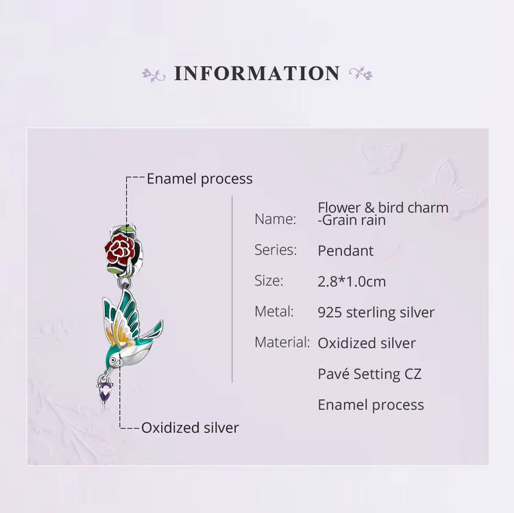 Charm-Anhänger „Vogel und Rose“ aus Sterlingsilber 925 – kompatibel mit Pandora