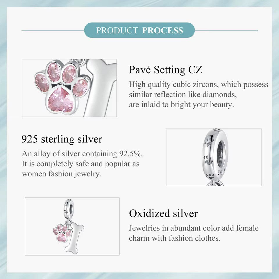 Sterling 925 silver Paw and Bone Pink Charm