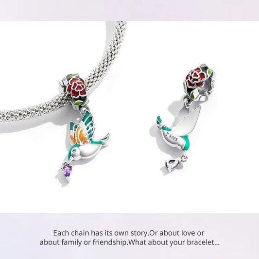 Sterling 925 Silver Bird and Rose Charm- Compatible with Pandora