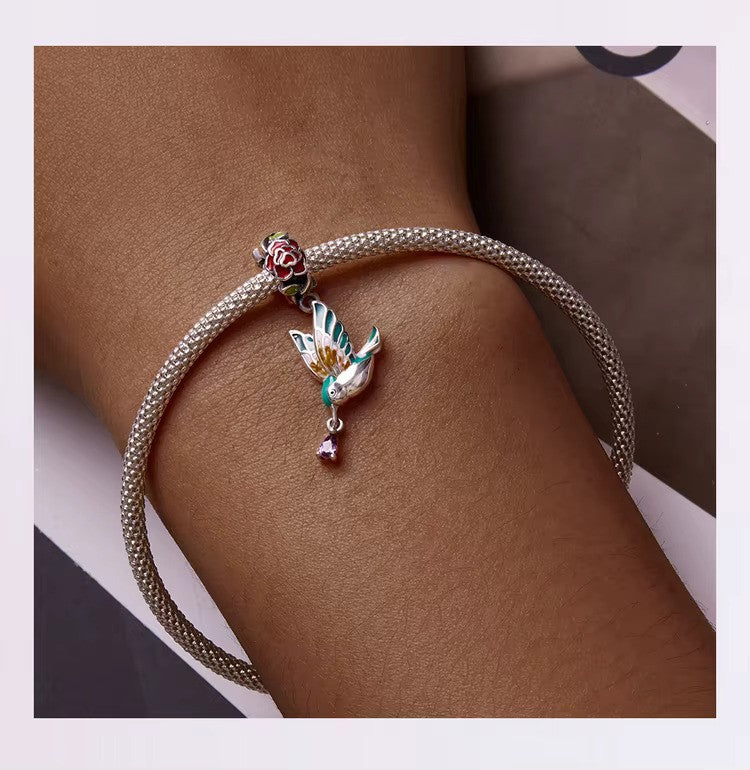 Charm-Anhänger „Vogel und Rose“ aus Sterlingsilber 925 – kompatibel mit Pandora