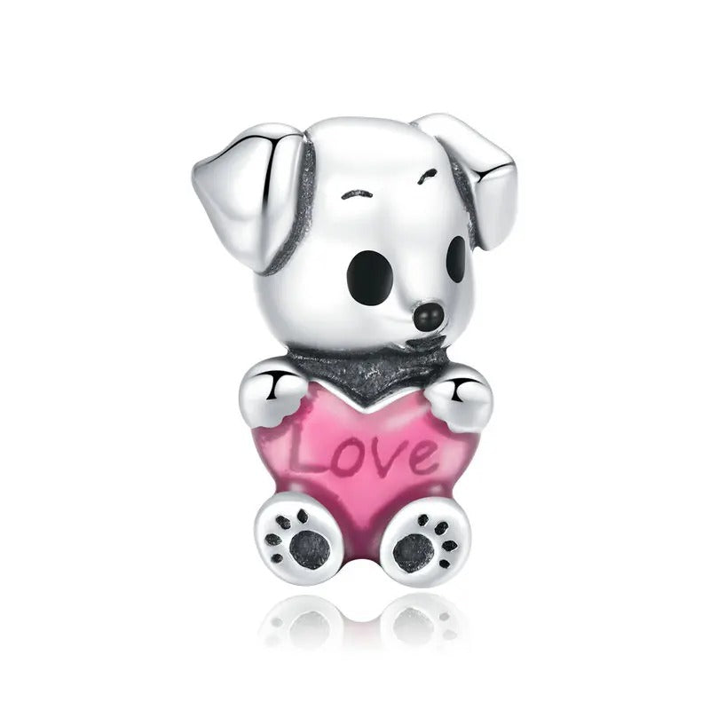 Charm-Anhänger „Süßer Welpe“ aus 925er Sterlingsilber mit rosa Herz – kompatibel mit Pandora