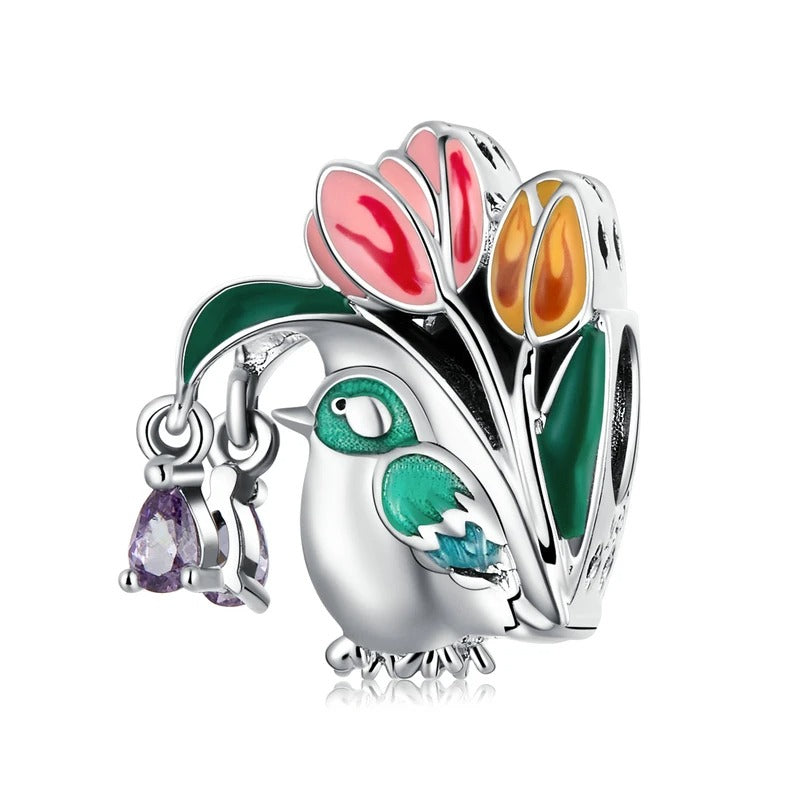 Charm-Anhänger „Vogel mit Tulpenblüten“ aus Sterlingsilber 925 – kompatibel mit Pandora