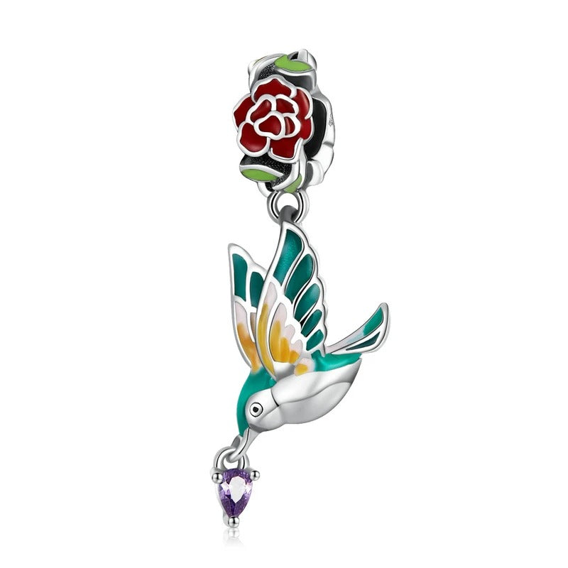 Charm-Anhänger „Vogel und Rose“ aus Sterlingsilber 925 – kompatibel mit Pandora