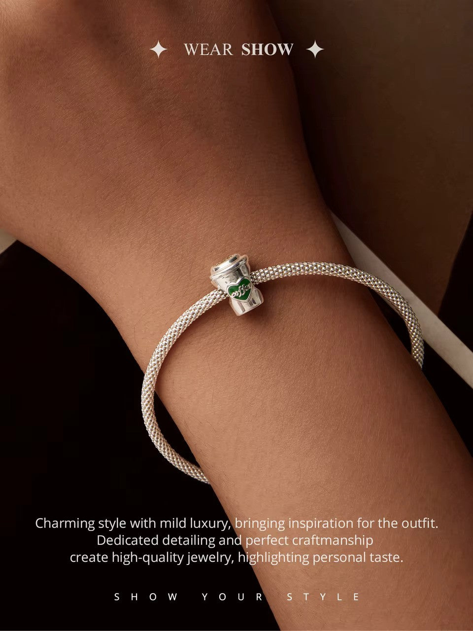 A Sterling 925 silver coffee cup charm with a heart-shaped 'COFFEE' logo on the side and a clear crystal on top. fit pandora bracelet