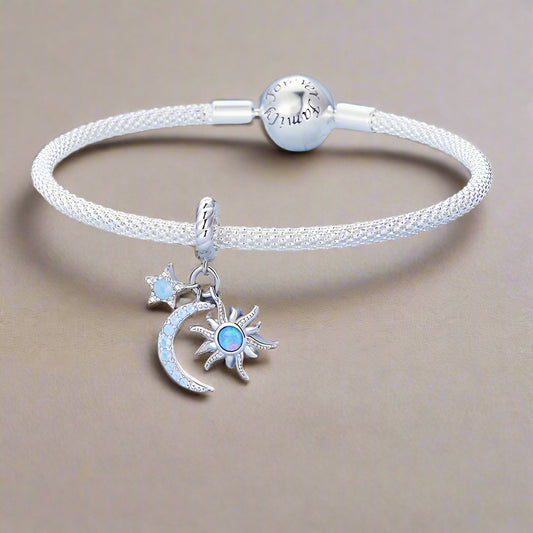 925er Silberanhänger, Charm mit Sonne, Mond & Sternen, passend für Pandora Schmuck