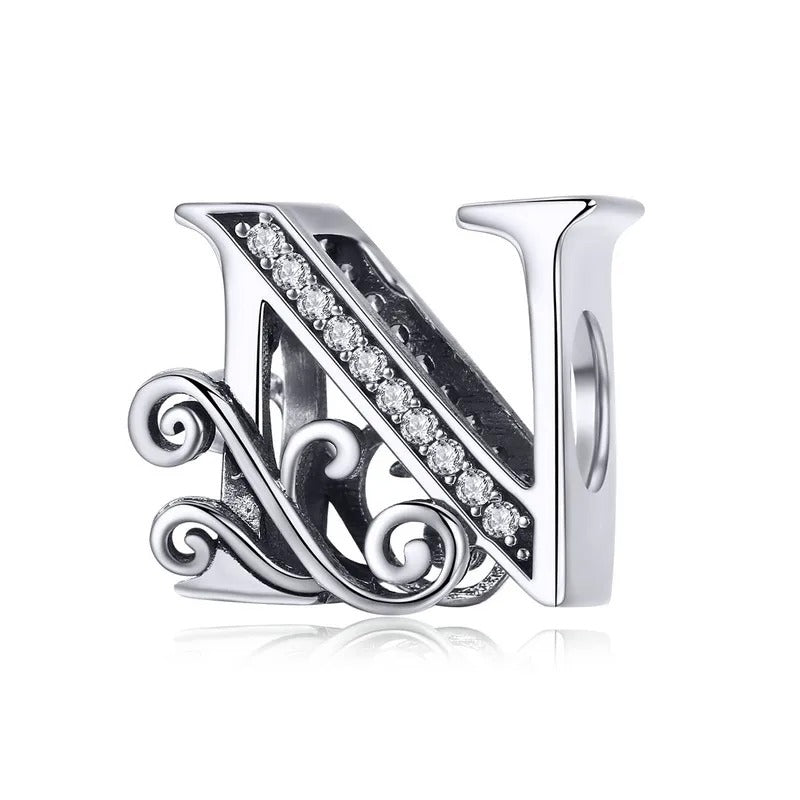 Sterling 925 silber Buchstabe Vintage stil N Anhänger Charm für Armband Compatible Pandora