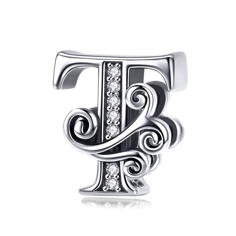 Sterling 925 silber Buchstabe Vintage stil T Anhänger Charm für Armband Compatible Pandora