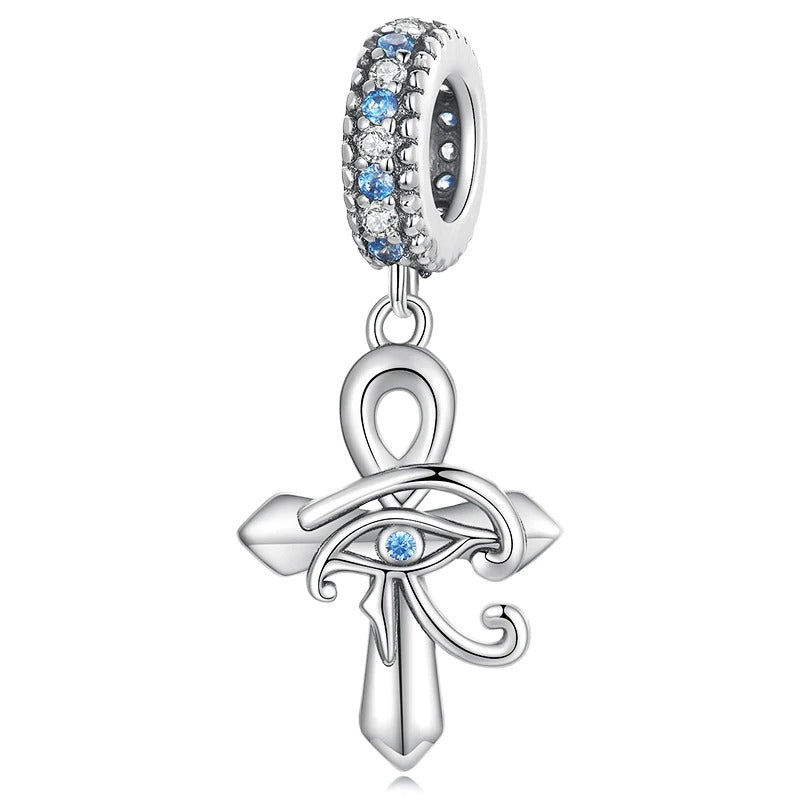 Sterling silver Key of Life charm featuring the ancient Egyptian ankh symbol, symbolizing eternal life and spiritual protection, compatible with charm bracelets and pandora bracelet