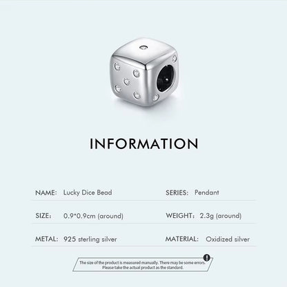 925 Sterling Silver lucky dice charm. Pandora compatible – bring luck, fun, and unique style to your bracelet or gift a special someone. product information