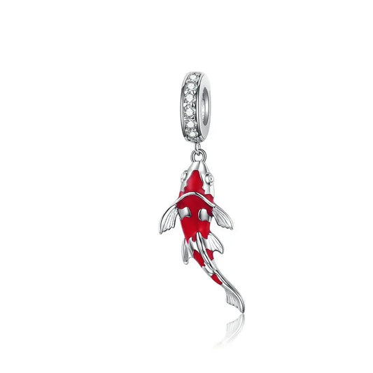 Sterling 925 silver charm in the shape of a red koi fish with silver accents, designed to be attached to a bracelet.