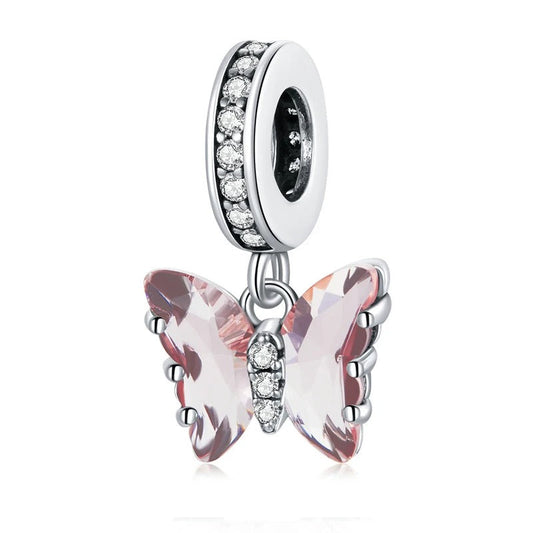 A Sterling 925 silver charm featuring a pink butterfly with clear crystal embellishments.