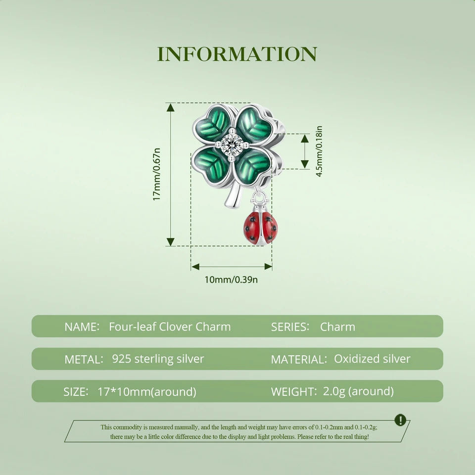 Sterling 925 Silver Four-leaf Clover with dangled ladybug Charm