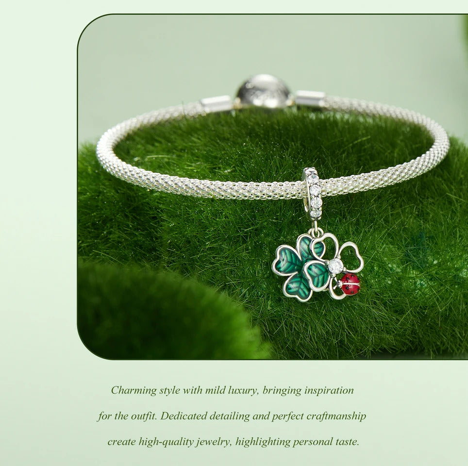 Sterling 925 Silver Four-leaf Clover with a ladybug Charm