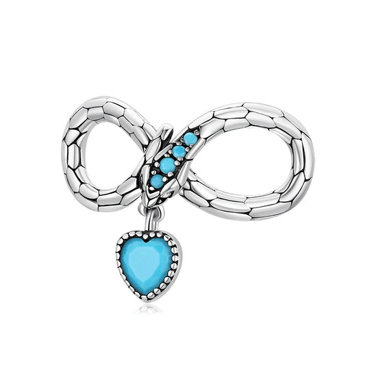 Sterling silver infinity-shaped snake charm with a blue heart charm attached to it. compatible pandora bracelet
