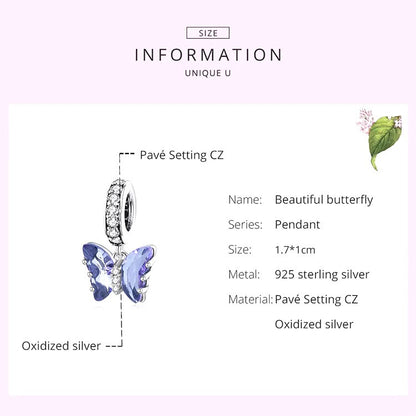 Elegant 925 Sterling Silver purple butterfly charm. Pandora compatible – perfect gift for nature lovers and jewelry collectors.