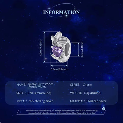 925 silver purple violet charm bead February birthday gift measurements 