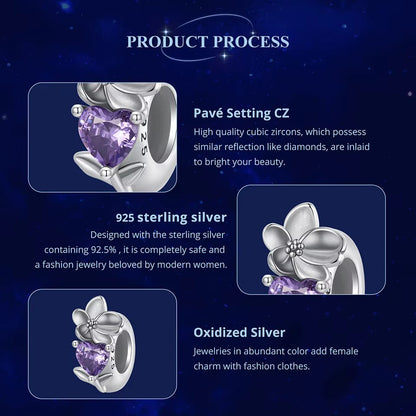 Sterling silver February birthstone violet charm bead, compatible with Pandora bracelets, product process