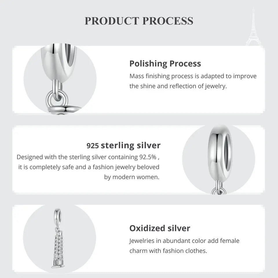 Diagram of jewelry polishing process with 925 sterling silver and oxidized silver details. for the leaning pisa tower charm compatible pandora bracelet